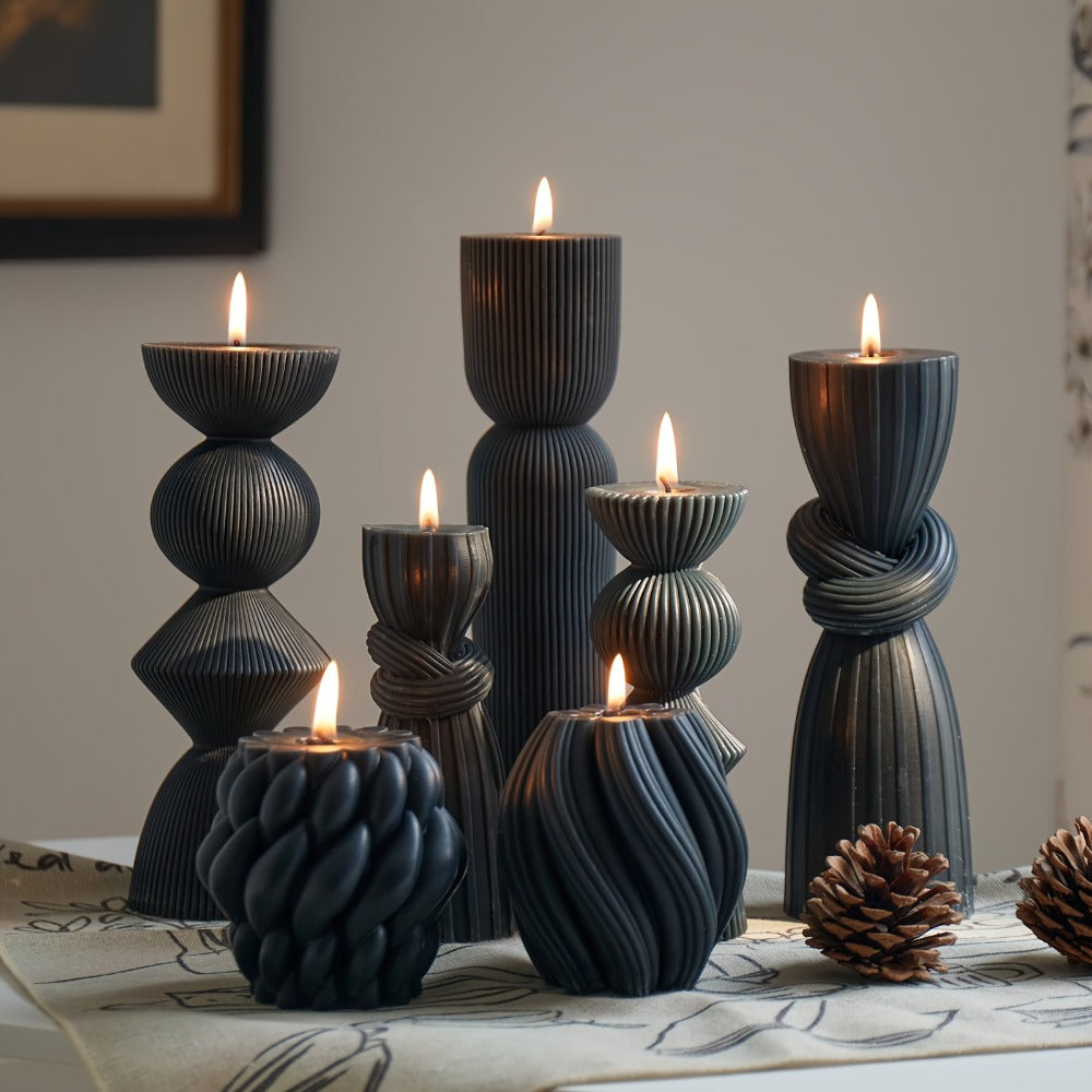 Ribbed Pillar Candles 7-Pack Large Soy Wax, Handmade Aesthetic Pillar Candle Set for Home Decor, Wedding Centerpiece, Shelf Decor, Dining Table & Housewarming Gift – White, Black, Blue, Orange with Glitter