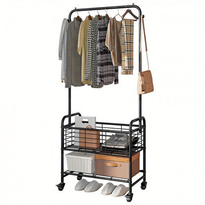 Rolling Laundry Basket with Wheels and Hanging Rack, Laundry Sorter Cart with Shelf and Locking Casters, Heavy Duty Steel Frame, Multifunctional Clothes Hamper for Laundry Room Bedroom Bathroom, White Black Silver