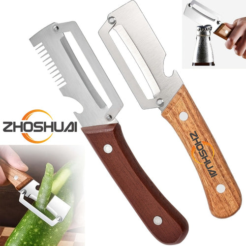 Stainless Steel Vegetable Peeler Set 2pcs – Multi-functional Kitchen Peeler with Scallion Cutter, Straight Blade, Wooden Handle & Bottle Opener
