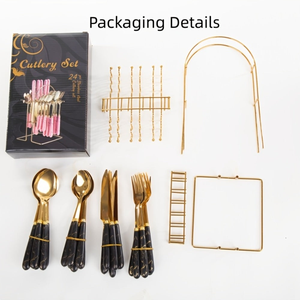 Stainless Steel Flatware Set 24pcs Marbled Handle Knives Forks Spoons with Gift Box & Storage Rack