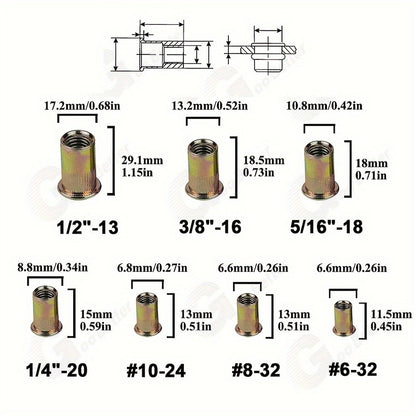 860pcs Rivet Nut Kit SAE UNC Assortment – Zinc Plated Carbon Steel Flat Head Insert Threaded Nuts 7 Sizes with Case for Auto Furniture & Industrial Projects