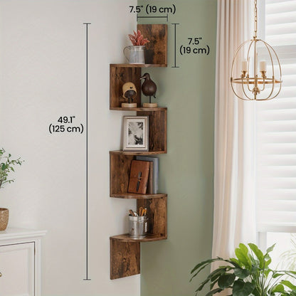 Corner Floating Shelf 5-Tier Wall Mount, Space Saving Storage Rack for Bedroom Living Room, Radial Display Organizer, Easy Install, 7.9"×7.9"×49.6", Black White Brown Greige Beige
