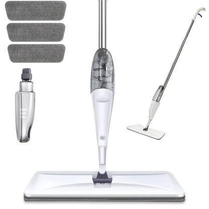 Spray Mop with 3 Washable Microfiber Carbon Fiber Pads Water Spraying Flat Mop Wet Dry Dual Use Floor Cleaning for Hardwood Laminate Tile Ceramic 4pc White