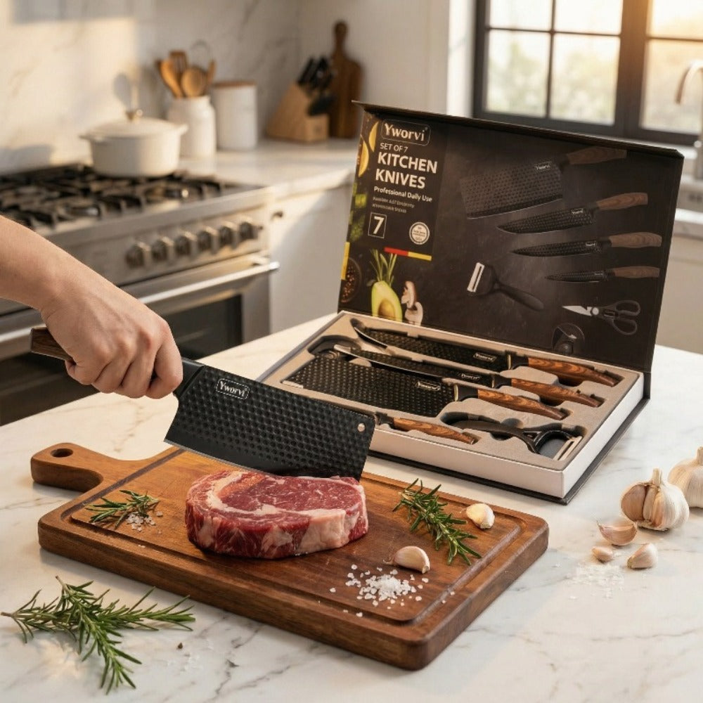 Chef Knife Set 7 Piece High Carbon Stainless Steel Ultra Sharp – Anti-Stick Ergonomic PP Handle, Includes Slicing Knife, Scraper, Scissors & Whetstone, Gift Box for Home, Family & Travel