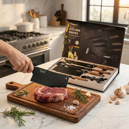 Chef Knife Set 7 Piece High Carbon Stainless Steel Ultra Sharp – Anti-Stick Ergonomic PP Handle, Includes Slicing Knife, Scraper, Scissors & Whetstone, Gift Box for Home, Family & Travel