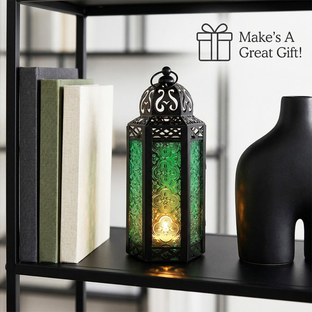 Moroccan Candle Lantern Holder - Decorative Metal & Glass Lantern with Embossed Floral Design for Indoor Home Decor, Garden, Patio, Weddings, Ramadan, Halloween & Holiday Celebrations - 10.5" Tall Medium Size