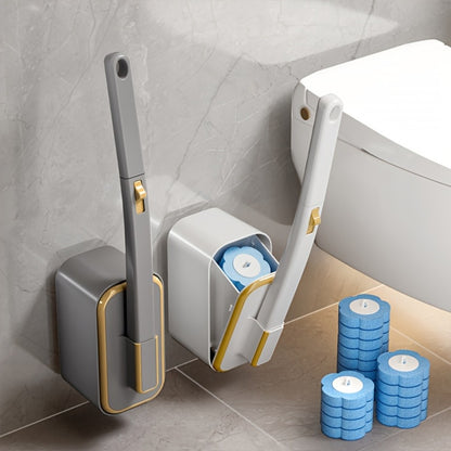 Wall-Mounted Toilet Brush Set with 8 Disposable Heads | No-Drill Easy Install, Long Handle Bathroom Cleaning Brush, Replaceable Brush Heads for Toilet Bowl, Home & Commercial Use, Plastic Medium Firmness
