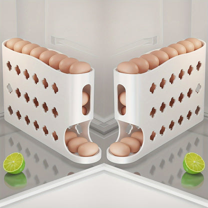 Egg Dispenser for Refrigerator, 4-Tier Automatic Rolling Egg Holder Rack – Space-Saving Egg Storage Organizer for Fridge, Kitchen Cabinet, Countertop and Table