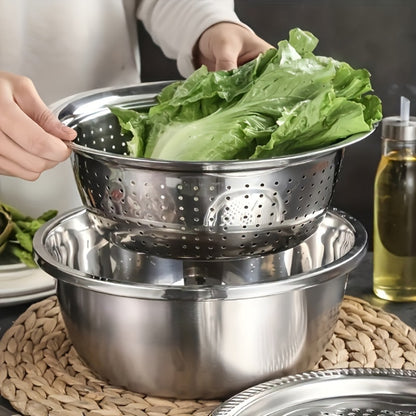 Stainless Steel Kitchen Bowl Set 3 Piece with Integrated Grinder, Colander Filter and Mixing Bowl, Multifunctional Fruit Vegetable Washing Prep Bowl with Drainage System for Slicing Cheese Salad