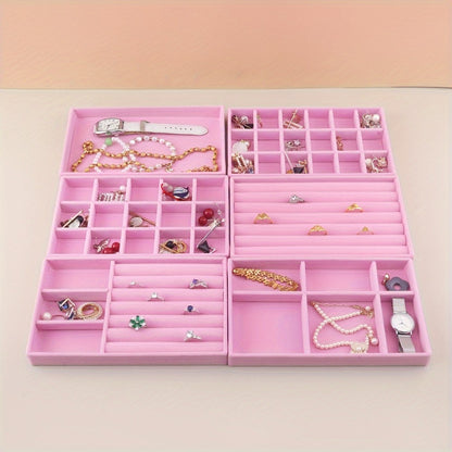 Stackable Jewelry Organizer Trays 6-Piece Set – Rectangular Multi-Compartment Drawer Inserts with Removable Dividers for Earrings, Rings, Necklaces & Bracelets – Tabletop Jewelry Display Case Storage