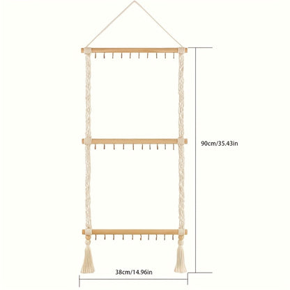 Boho Jewelry Organizer Wall Mount Hanging Rack Hand Woven Tassel Necklace Earring Bracelet Holder 30 Hooks Bedroom Decor Display Stand
