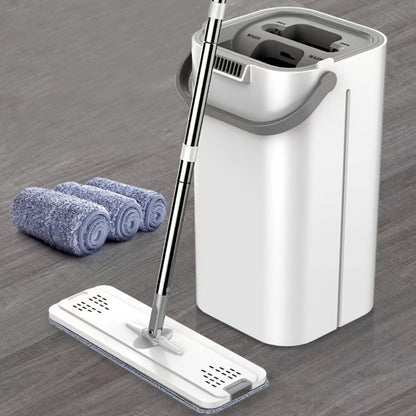 Flat Mop with Bucket Set, Hands-Free Wringing Floor Mop, 6 Replacement Microfiber Cloths, Wet & Dry Dual-Use, Durable Plastic Frame, for Hardwood Tile Laminate Bedroom Kitchen Living Room Bathroom