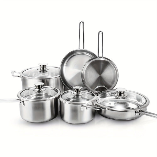 Stainless Steel Cookware Set 10 Piece – Pots and Pans Set with Lids, Induction Compatible, Dishwasher Safe Kitchen Cooking Set for All Stovetops