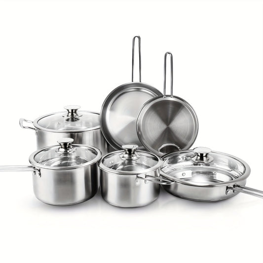 Stainless Steel Cookware Set 10 Piece – Pots and Pans Set with Lids, Induction Compatible, Dishwasher Safe Kitchen Cooking Set for All Stovetops