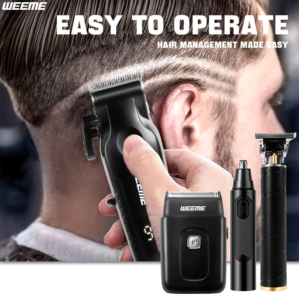 Men's Grooming Kit 4-Piece Set – USB Rechargeable Hair Clipper, Nose Trimmer, Electric Shaver & T9 Detailer with 8 Guide Combs, Professional Cordless Beard Trimmer Set for Men