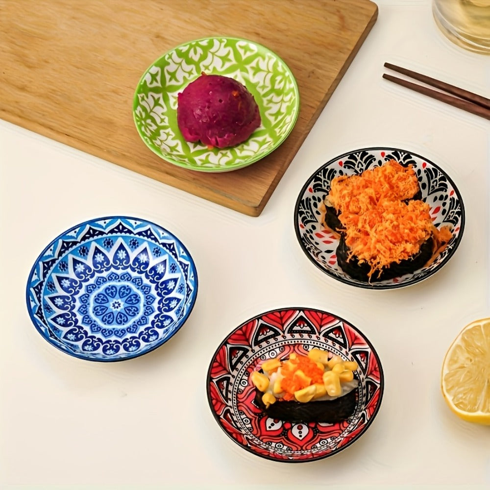 Ceramic Condiment Dish Set of 10 – Bohemian Small Saucer Dipping Bowls for Soy Sauce, Vinegar & Spices | Kitchen, Restaurant, Party, BBQ & Picnic Use | Machine Washable
