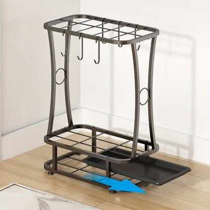 Metal Umbrella Stand with Drip Tray – 4-Tier Freestanding Umbrella Holder, Sleek Polished Finish, Space-Saving Entryway Storage for Home Office & Commercial Use, Black