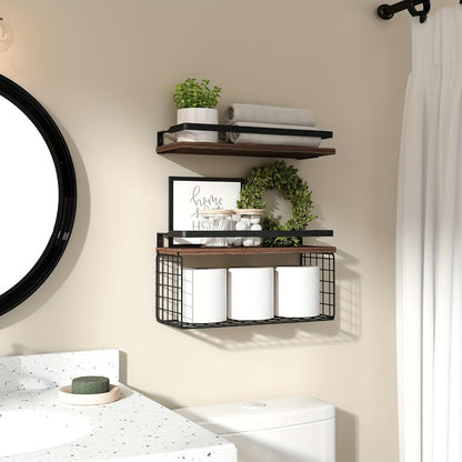 Floating Wall Shelves Set of 2 or 4 Rustic Wood and Iron Wall Mounted Shelf for Living Room Bedroom Kitchen Bathroom, Farmhouse Industrial Hanging Display Shelf for Plants Books Candles Decor