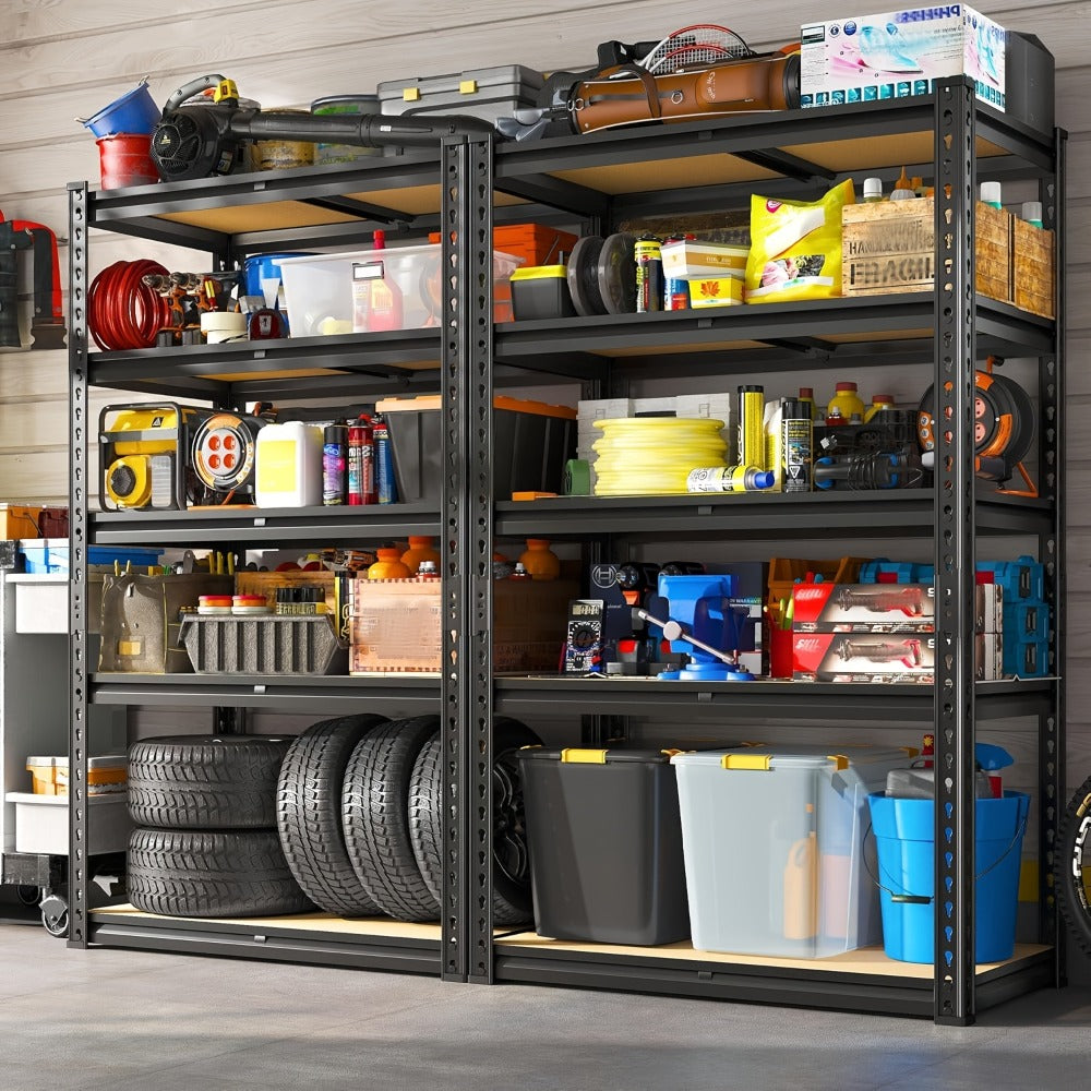 5-Tier Heavy Duty Garage Shelving Unit 2000LBS – Metal & Wood Storage Shelves, Adjustable Utility Rack for Garage, Basement, Pantry, Warehouse, Kitchen & Office, Tool-Free Assembly, Black