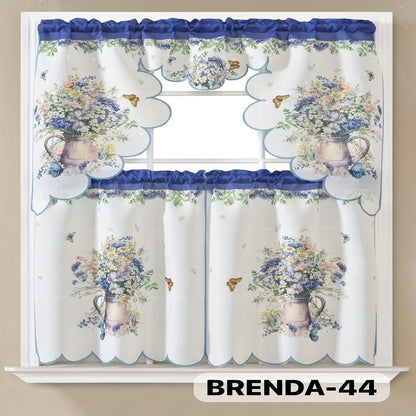 Kitchen Curtains 3 Piece Set Embroidered Satin Valance and Tiers - Rod Pocket Light Filtering Machine Washable 46 Colors Available All Season Home Decor