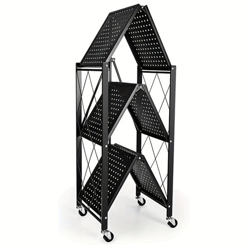 Heavy Duty Storage Rack with Wheels 3-Layer Foldable Metal Shelving Unit 750 LBS Capacity, Rolling Utility Cart for Garage Kitchen Pantry Closet, Movable Black Metal Storage Shelf