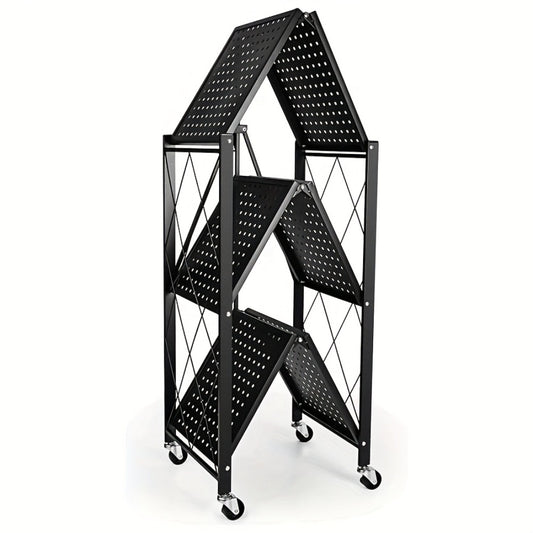 Heavy Duty Storage Rack with Wheels 3-Layer Foldable Metal Shelving Unit 750 LBS Capacity, Rolling Utility Cart for Garage Kitchen Pantry Closet, Movable Black Metal Storage Shelf
