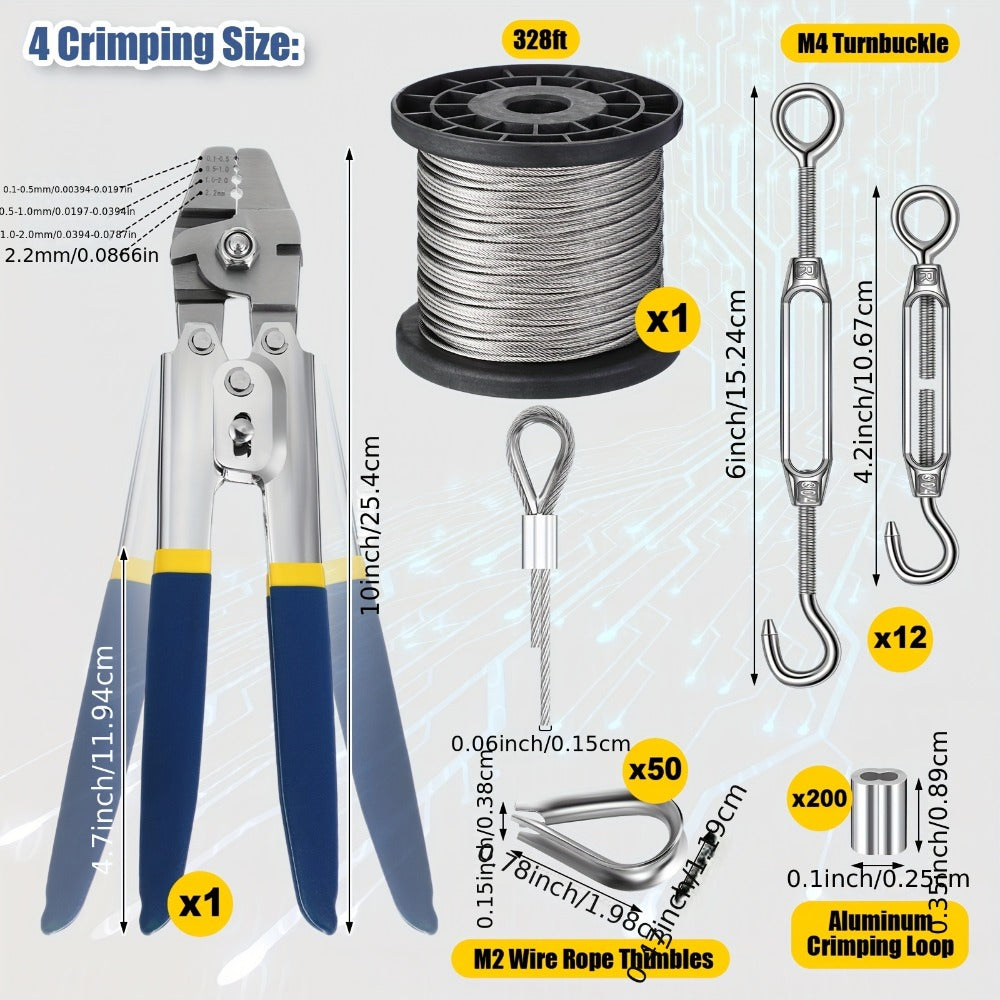 264Pcs Wire Rope Crimping Tool Kit 328ft – Stainless Steel Hook Eye Turnbuckle Thimble Aluminum Crimping Sleeve for Outdoor Garden Railing String Light Hanging