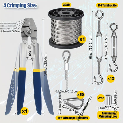 264Pcs Wire Rope Crimping Tool Kit 328ft – Stainless Steel Hook Eye Turnbuckle Thimble Aluminum Crimping Sleeve for Outdoor Garden Railing String Light Hanging