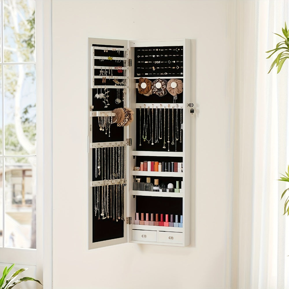 Jewelry Armoire Floor Standing 47.2" Full-Length Mirror Cabinet with 6 LED Lights Dual Lock, Jewelry Organizer for Necklaces Earrings Rings Bracelets, Bedroom Closet Storage 4 Colors