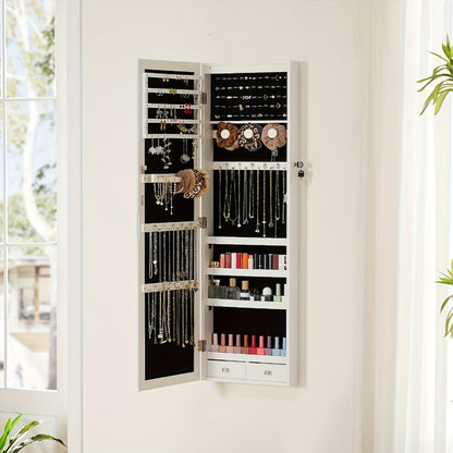 Jewelry Armoire Floor Standing 47.2" Full-Length Mirror Cabinet with 6 LED Lights Dual Lock, Jewelry Organizer for Necklaces Earrings Rings Bracelets, Bedroom Closet Storage 4 Colors