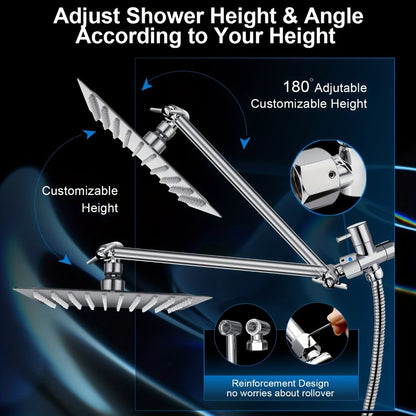 Rainfall Shower Head with Handheld Combo – 8" High Pressure Rain Shower, 5-Setting Adjustable, Anti-Leak with 11" Extension Arm, Holder & Hose, Height & Angle Adjustable