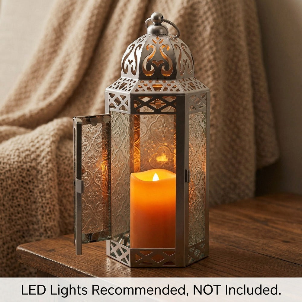 Moroccan Candle Lantern Holder - Decorative Metal & Glass Lantern with Embossed Floral Design for Indoor Home Decor, Garden, Patio, Weddings, Ramadan, Halloween & Holiday Celebrations - 10.5" Tall Medium Size