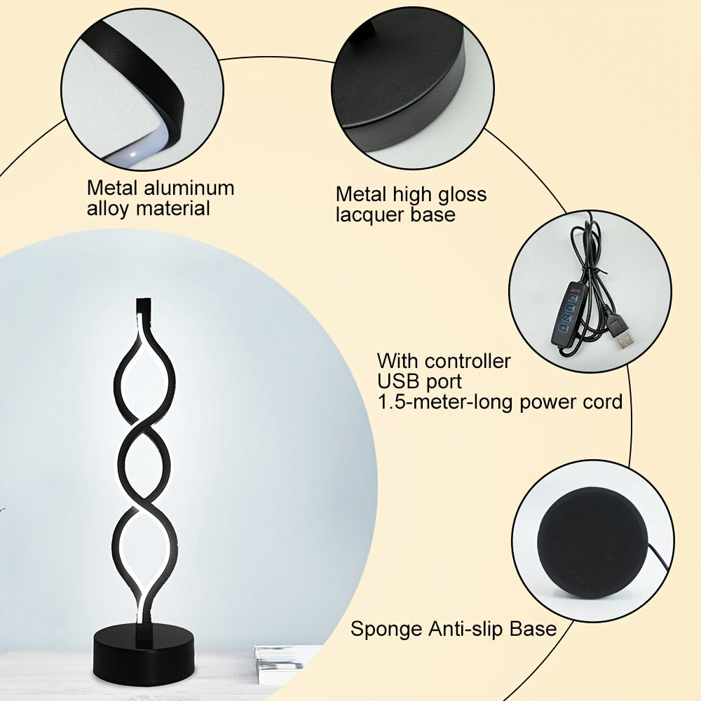 Spiral LED Table Lamp – Modern Minimalist Wave Dimmable Desk Lamp, 3 Color Temperatures, USB Charging, Metallic Base, Creative Curved Night Light for Bedroom Living Room Office Study (1pc / 2pc / Wooden)