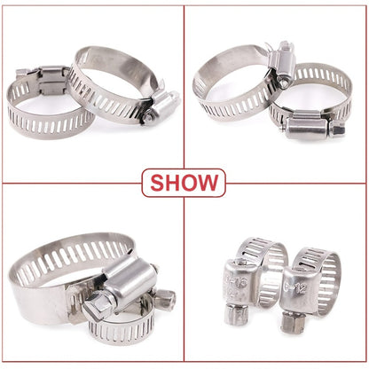 Stainless Steel Hose Clamps 100-Pack Assortment Kit - Multiple Universal Sizes Adjustable Hose Clips for Fuel Line Plumbing Automotive Garden Marine HVAC, Heavy Duty with Storage Case, Silver