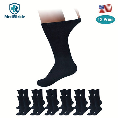 Cotton Diabetic Crew Socks 12 Pairs Non-Binding Neuropathy Loose Fit Seamless Cushioned Full Length for Men Women Edema Sensitive Feet White Black Brown Khaki Navy Grey