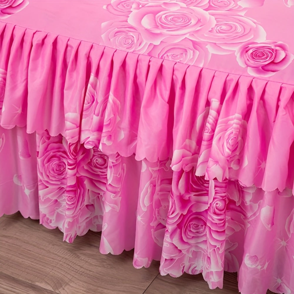 Floral Bed Skirt Set 3-Piece – 1 Ruffled Dust Ruffle Bed Skirt + 2 Pillowcases | Peony & Botanical Print | Double-Layer Hem | Machine Washable Polyester Bedding | 150, 180 & 200cm