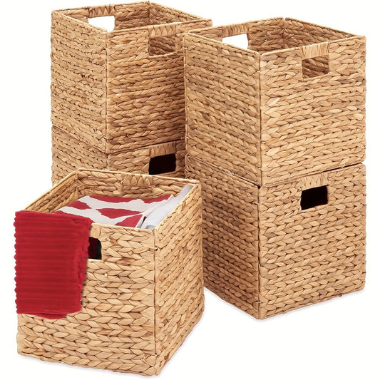 Water Hyacinth Storage Baskets 11in - Handwoven Stackable Cube Baskets for Shelves Closet Laundry, Natural Wicker Organizer Bins