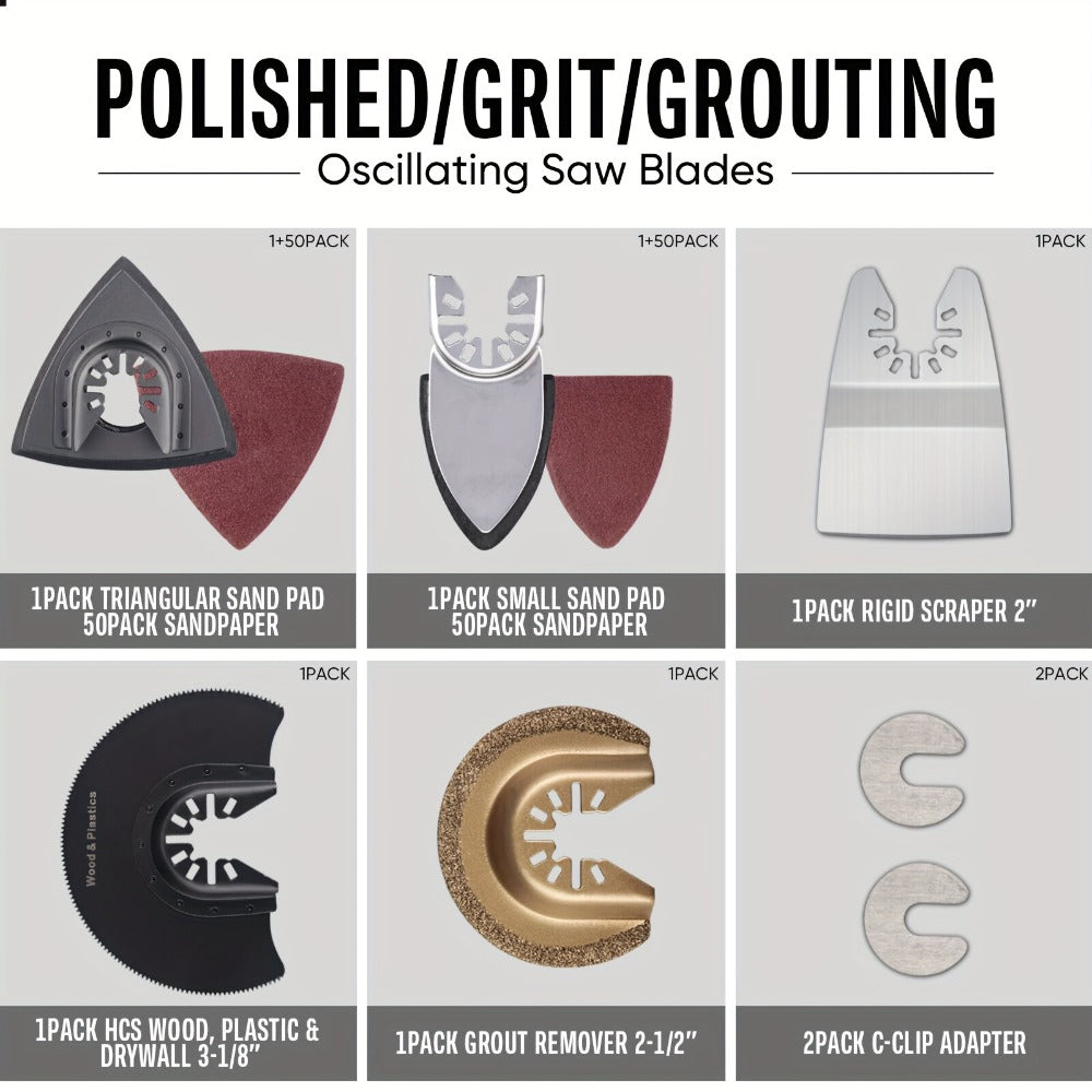 115pcs Oscillating Saw Blades Set with Sandpaper – Multitool Blades for Wood Metal Plastic, Universal Fit for Major Brands, Complete DIY & Pro Cutting Kit