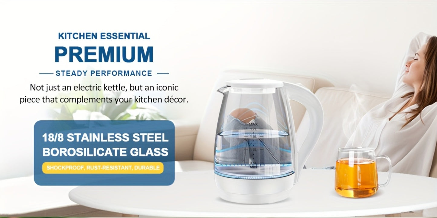 Glass Electric Kettle 1200W Borosilicate with Blue LED Glow - 57.48oz 1.7L Fast Boil BPA-Free Auto Shut-Off Boil-Dry Protection, Transparent Electric Tea Kettle for Home Office RV Camping Kitchen Gift