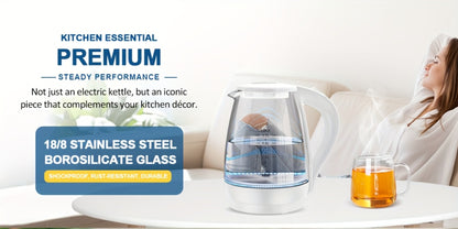 Glass Electric Kettle 1200W Borosilicate with Blue LED Glow - 57.48oz 1.7L Fast Boil BPA-Free Auto Shut-Off Boil-Dry Protection, Transparent Electric Tea Kettle for Home Office RV Camping Kitchen Gift