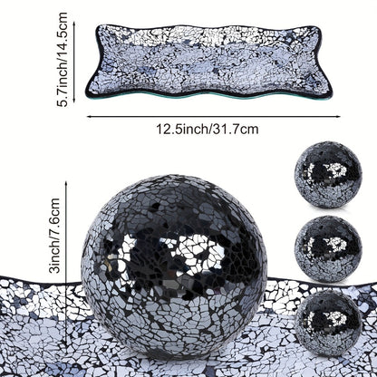 Decorative Glass Balls for Bowls 3 Inch Set of 3 with Glass Tray, Bowl Fillers Centerpiece Table Decorations for Home Decor Living Room Dining Coffee Table, Silver Black Gold Green
