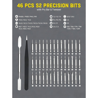 Precision Screwdriver Set 46-in-1, Magnetic Mini Professional Repair Tool Kit with CR-V Steel Phillips Slotted Torx Hex Y-Type Bits for Phone, Laptop, Watch, Game Console, Tablet & Electronics Repair