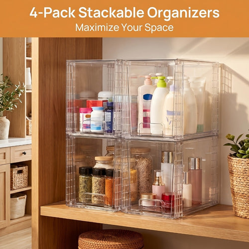 Under Sink Organizer 4 Pack - Clear Stackable Plastic Storage Bins, Drawer Organizer for Bathroom, Kitchen Cabinet, Pantry & Vanity - 9.7" High Undersink Storage