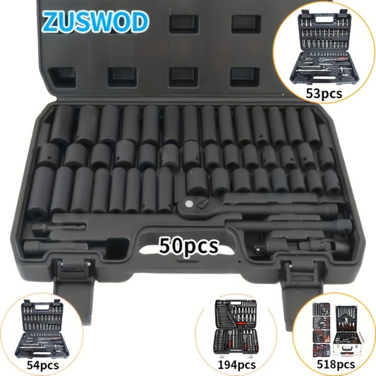 Impact Socket Set 53/54/194/518PCS – 3/8" Drive CR-V Steel | Metric 8-22mm & Imperial 5/16"-3/4" | Complete Socket Kit for Car Repair, DIY & Mechanics | Best Gift for Men