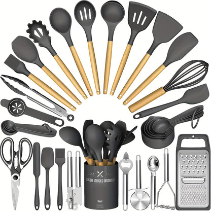 Silicone Kitchen Utensils Set 34-Piece with Holder – Heat Resistant Cooking Spatula Tools for Nonstick Cookware | Wooden Handle Kitchen Gadgets | Father's Day & Housewarming Gift