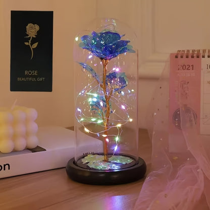 LED Rose Flower in Glass Dome, Eternal Foil Rose with LED Light, Romantic Valentine's Day Gift for Girlfriend, Mother's Day Wedding Bridesmaid Desktop Decoration, Battery Powered