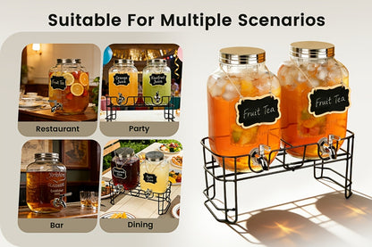 Glass Drink Dispenser with Fruit Infuser, Ice Cylinder & Stainless Steel Spigot – 1 Gallon Beverage Dispenser with Stand for Parties, Weddings, BBQ & Lemonade