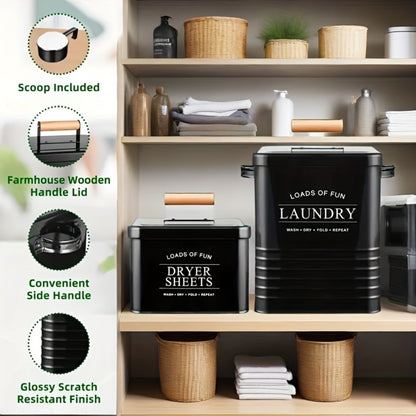 Laundry Pod Container & Dryer Sheet Holder Set with Scoop – Metal Farmhouse Laundry Room Organizer, Detergent Dispenser & Soap Storage