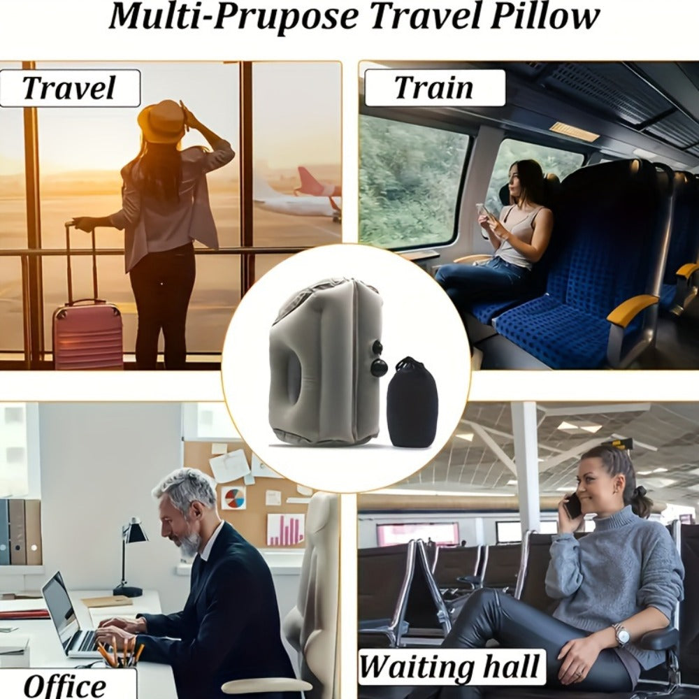Inflatable Travel Pillow with Carrying Case – Ergonomic Neck & Head Support for Airplane, Car, Train, Office Nap & Camping, Compact Lightweight Flocking Fabric Pillow