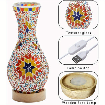 Mosaic Vase Lamp Turkish Moroccan Handmade Colorful Glass Table Lamp with Wooden Base – USB Plug-In Boho Night Light, Flower Vase Lamp for Bedroom Living Room Decor, Bohemian Mosaic Desk Lamp Gift